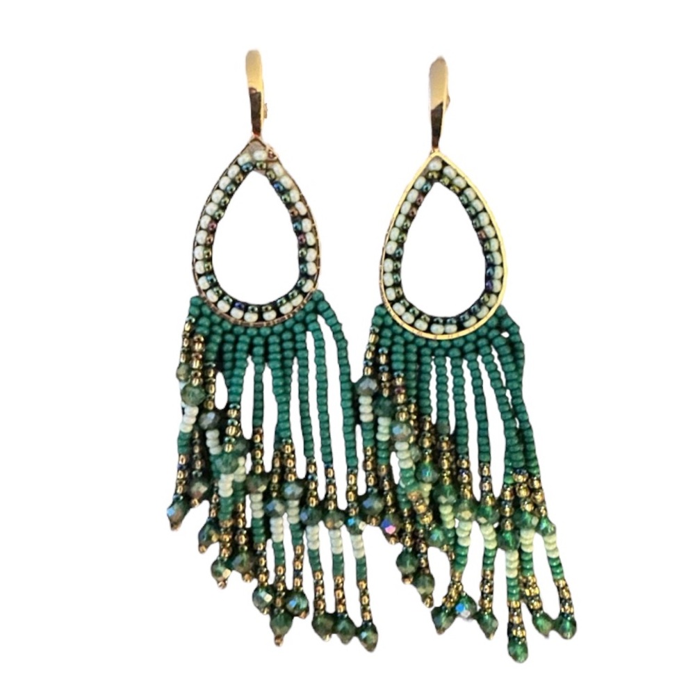 NWT Elegant Green Gold Beaded Teardrop Dangle Earrings Dorado Boutique $78 MSRP